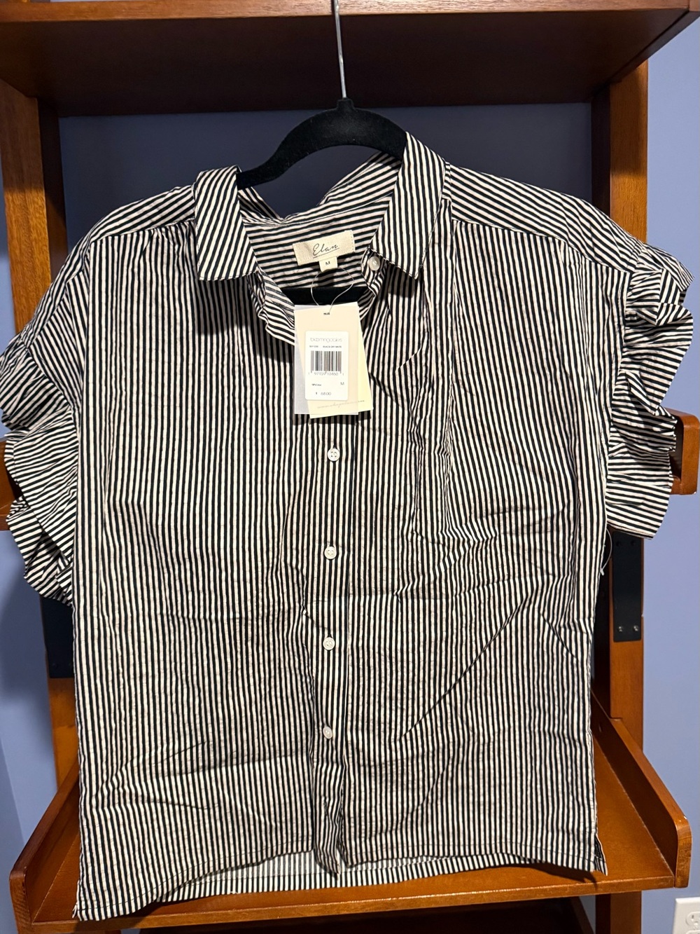 Elan Black & White Vertical Stripe Short Sleeve Button-Down Shirt NWT